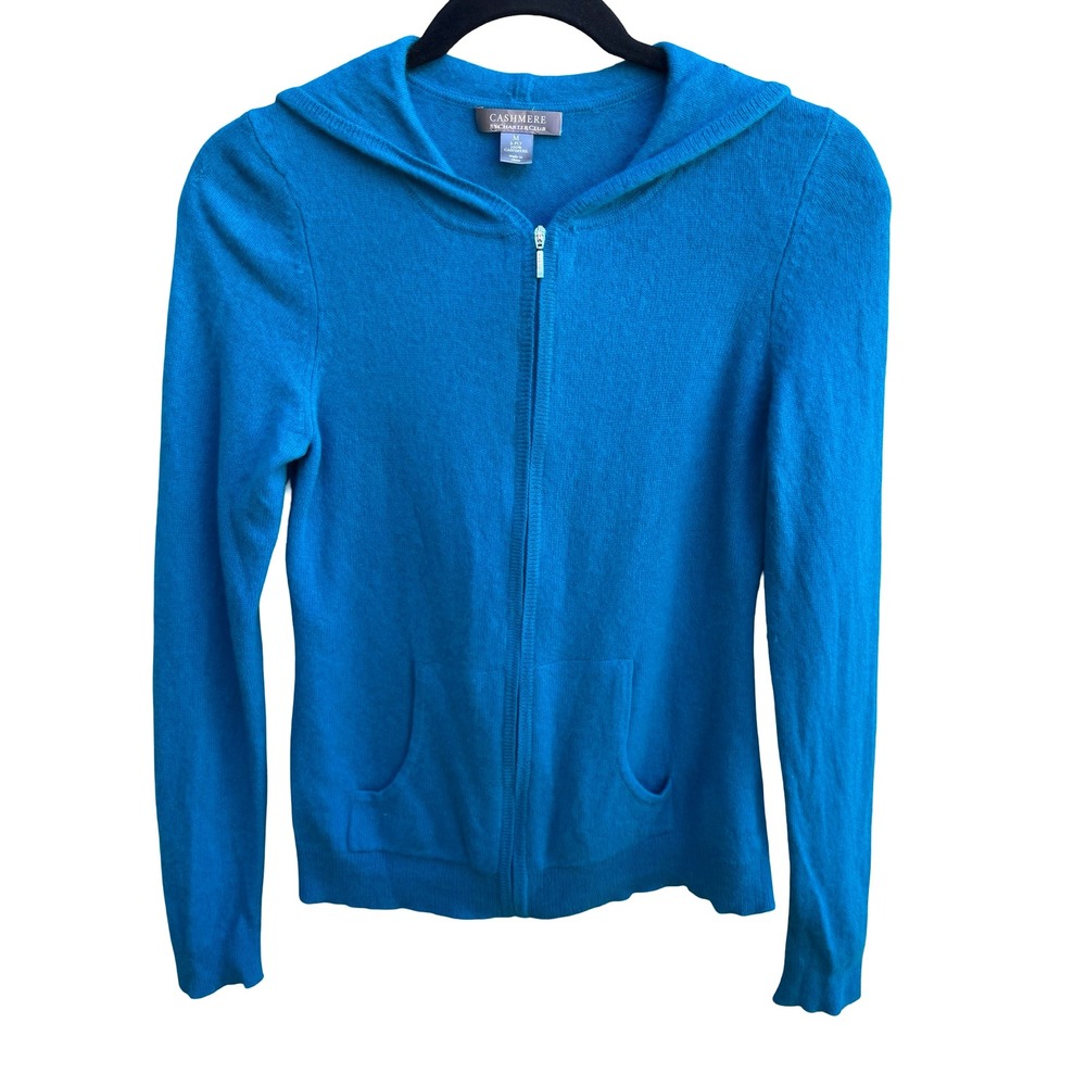 Charter Club 100% Cashmere Quiet Luxury Preppy Zip Hoodie Sweater Turquoise M